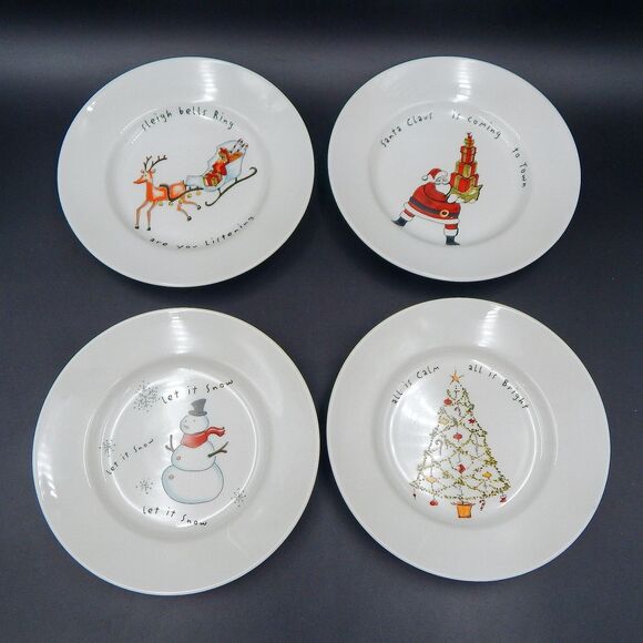 Pottery Barn Outlet Holiday Cheer 8 In Salad Pasta Plates Christmas Theme Set/4 - Picture 1 of 7